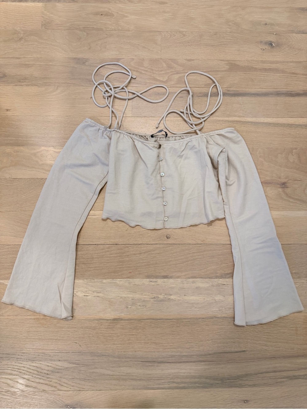 Zara Cream Off-Shoulder Button Crop Top with Bell Sleeves